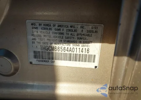 2004 Honda Accord 3.0 Ex z USA, uszkodzony, nr VIN 1HGCM66564A011416